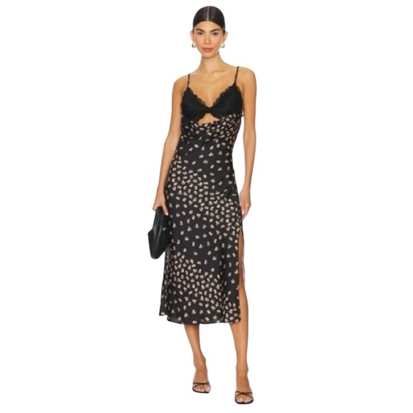 New Free People Intimately Gossamer Glow Midi Slip Dress Black Combo Sz L Large - Picture 1 of 8